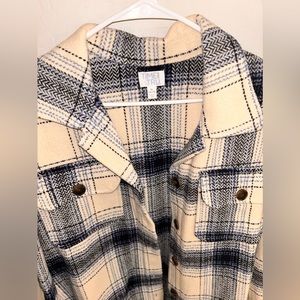 Oversized blue and cream plaid shacket.